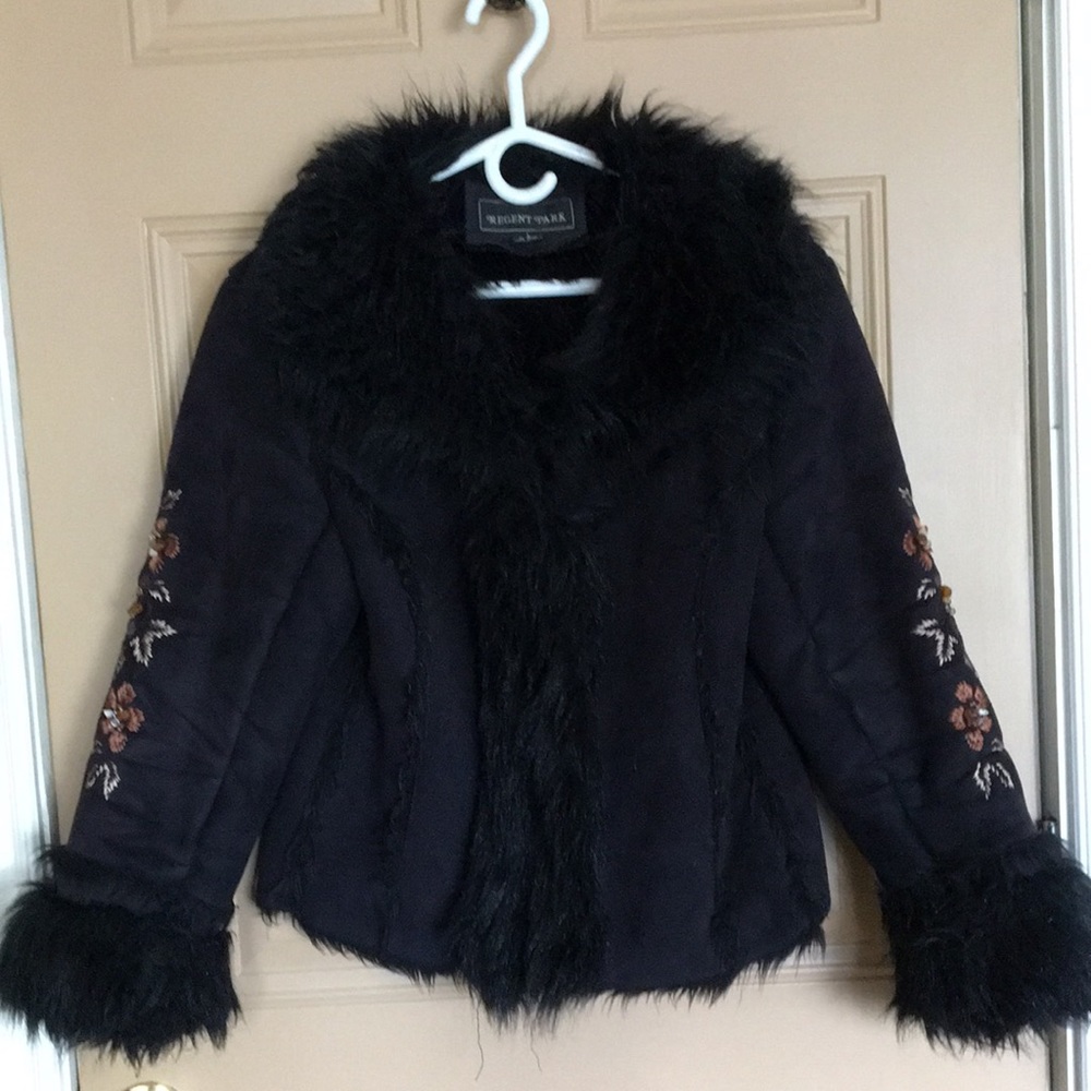 Ladies Faux Suede Jacket with Pile Lining and Embroidered Sleeves